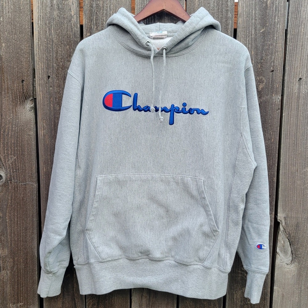 Champion Reverse Weave Heather Gray Embroidered Script Logo Hoodie L Streetwear